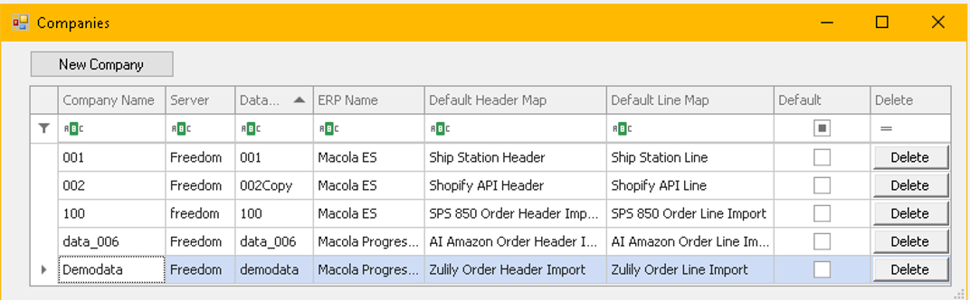 The companies list with per-company import mappings
