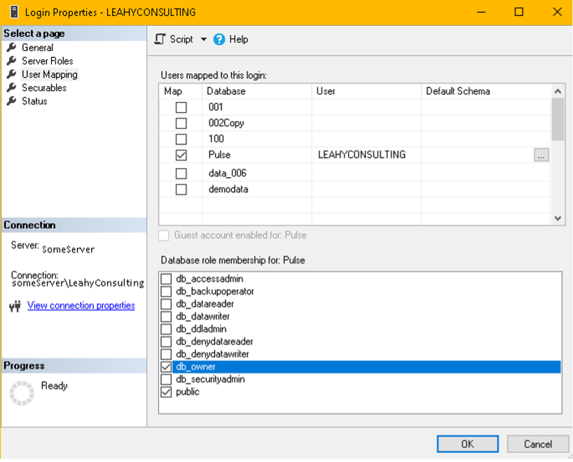 User Mapping tab of the login properties