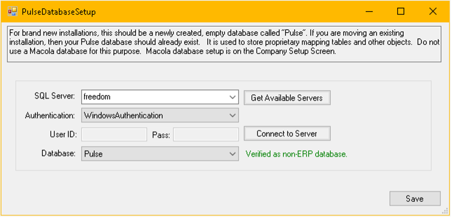 The Pulse Database Setup screen