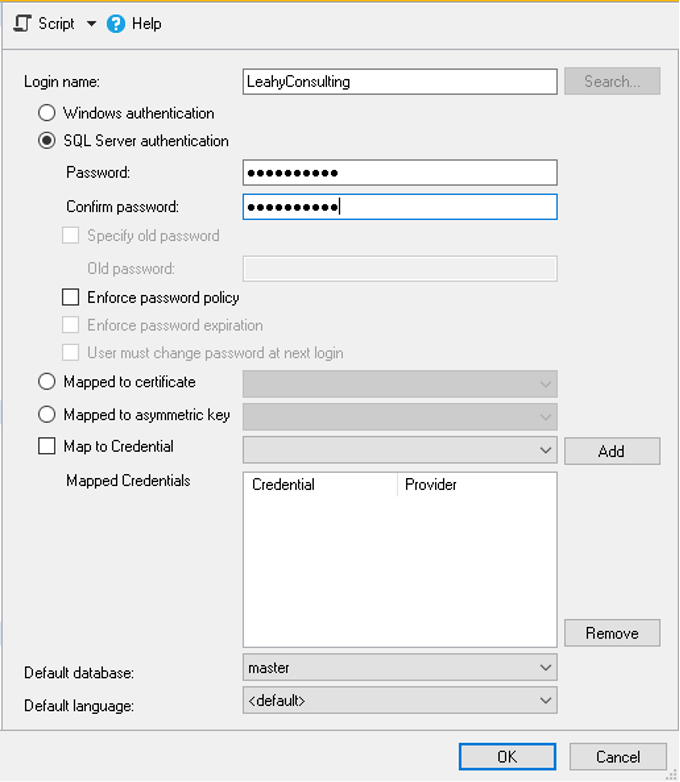 Creating the SQL Server login
